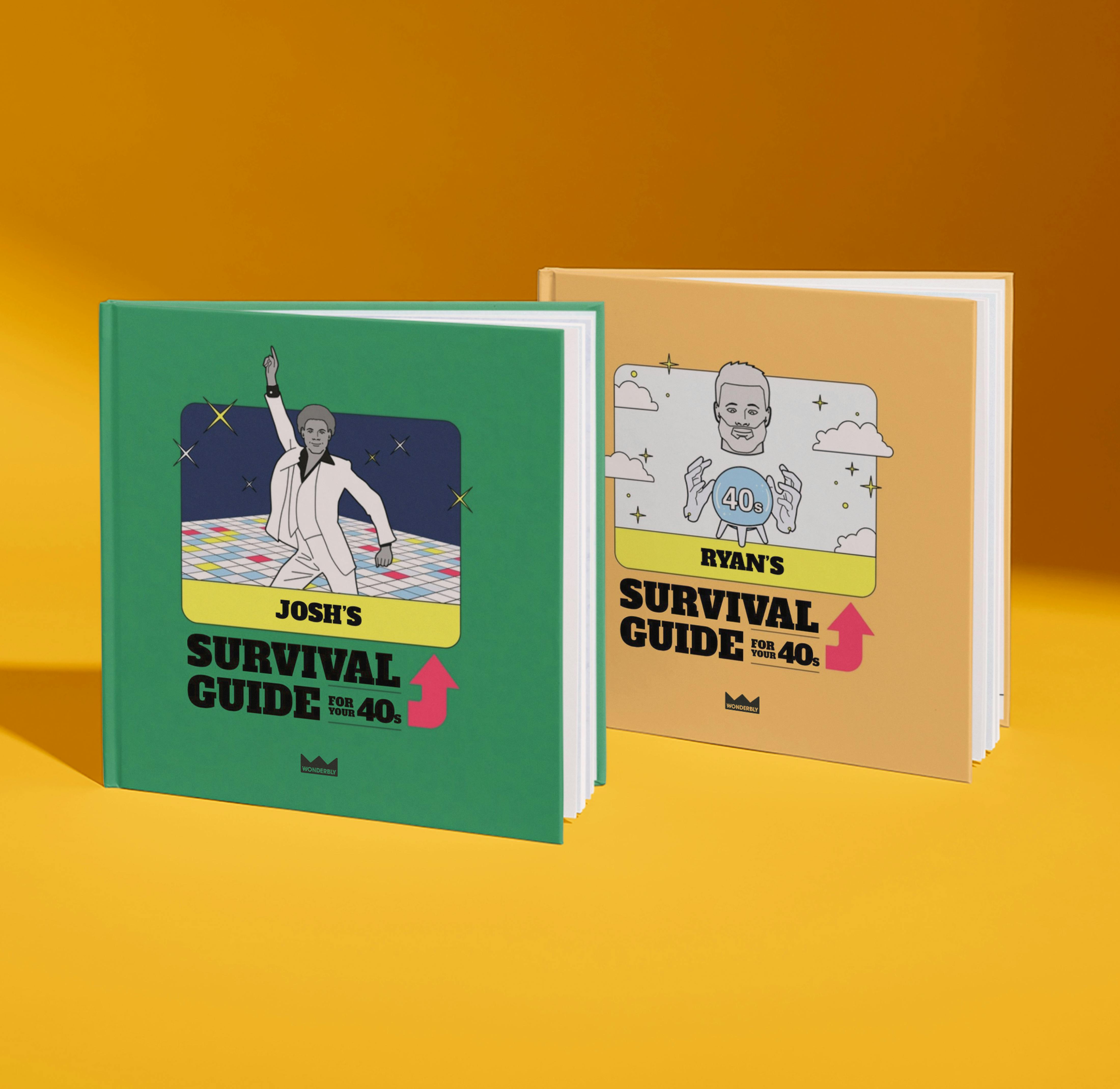 two front covers of survival guide for your forties male