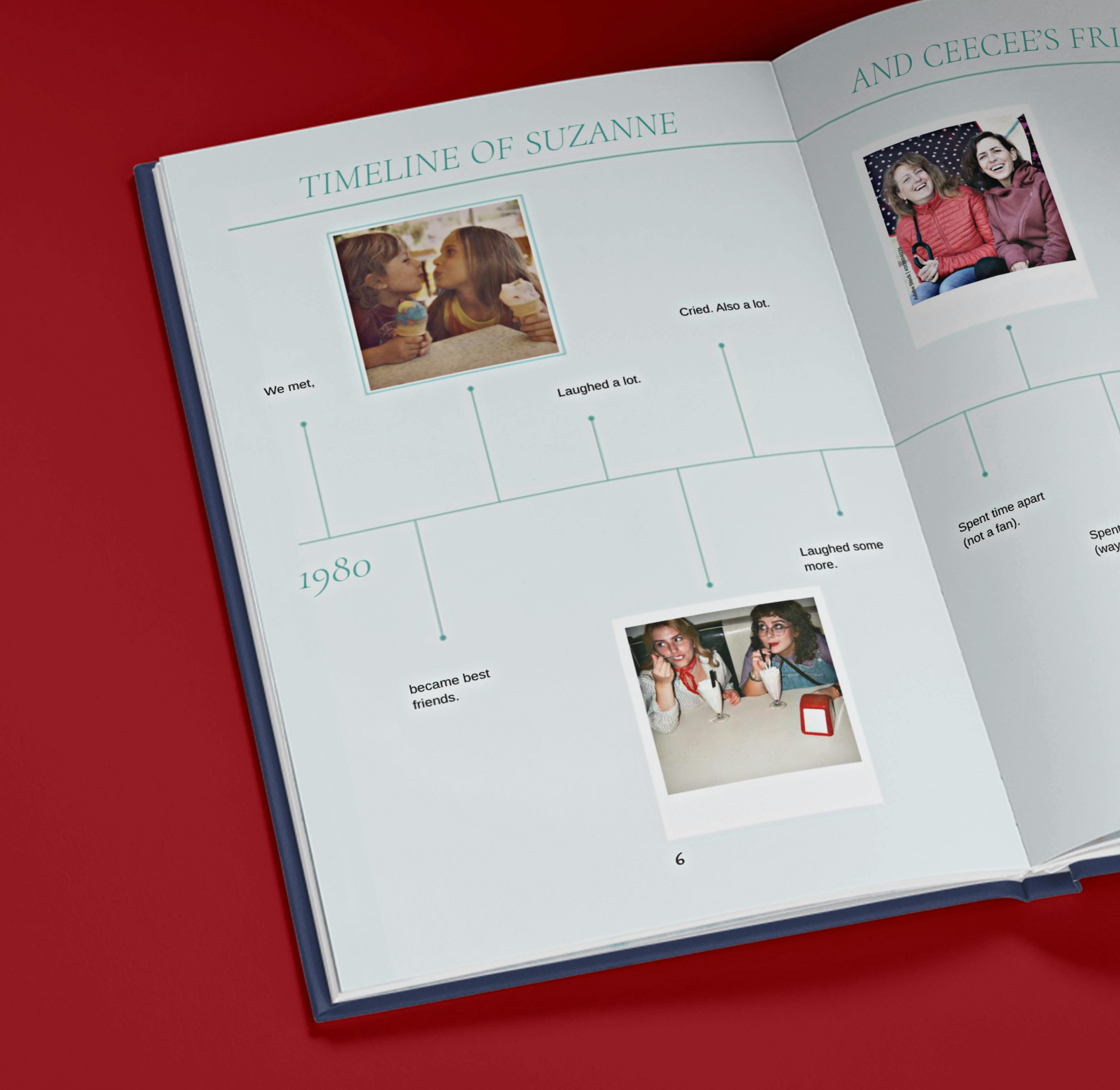 Open book showing a personalised timeline with photos