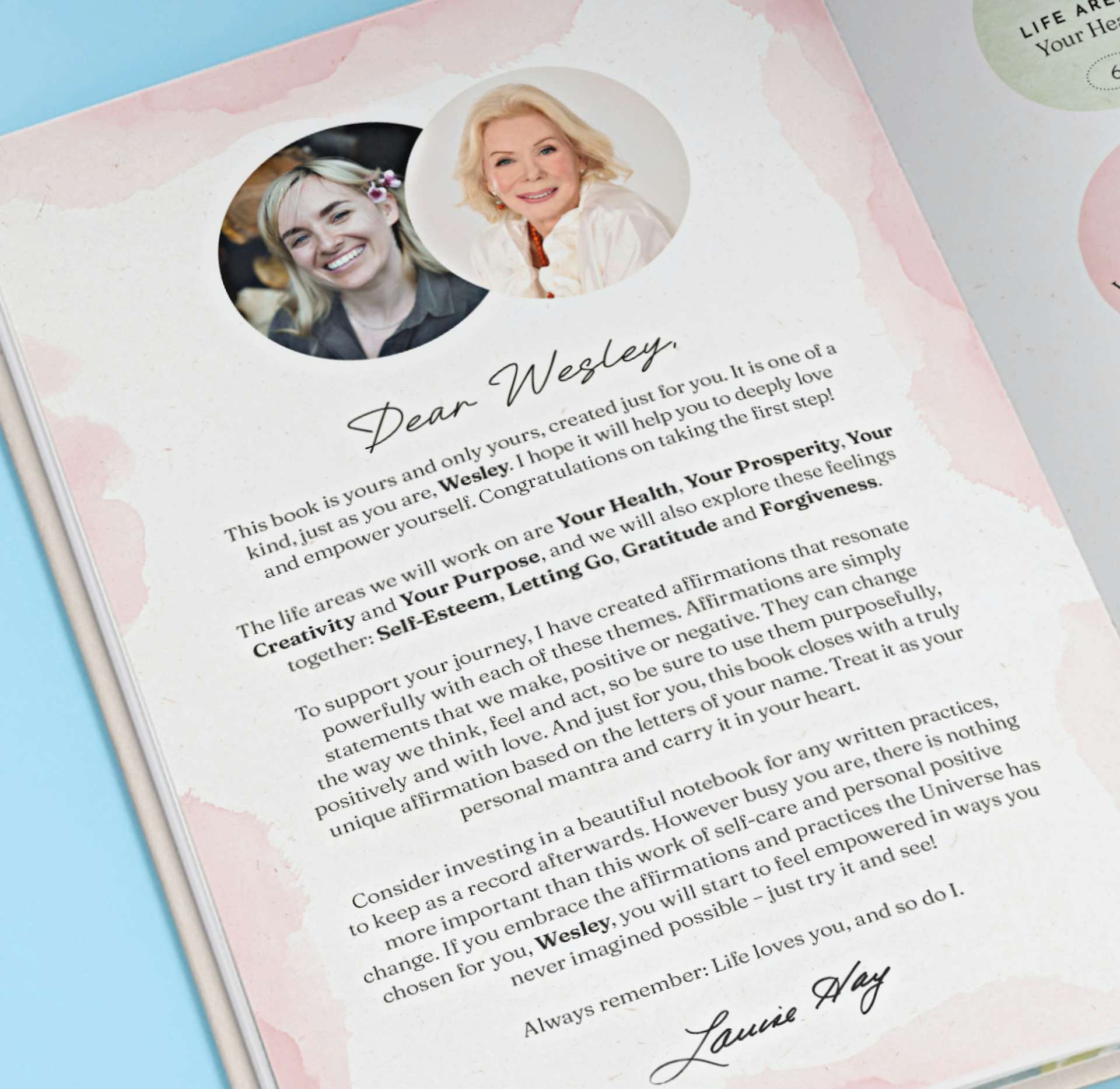 A page with photo inside the personalised book