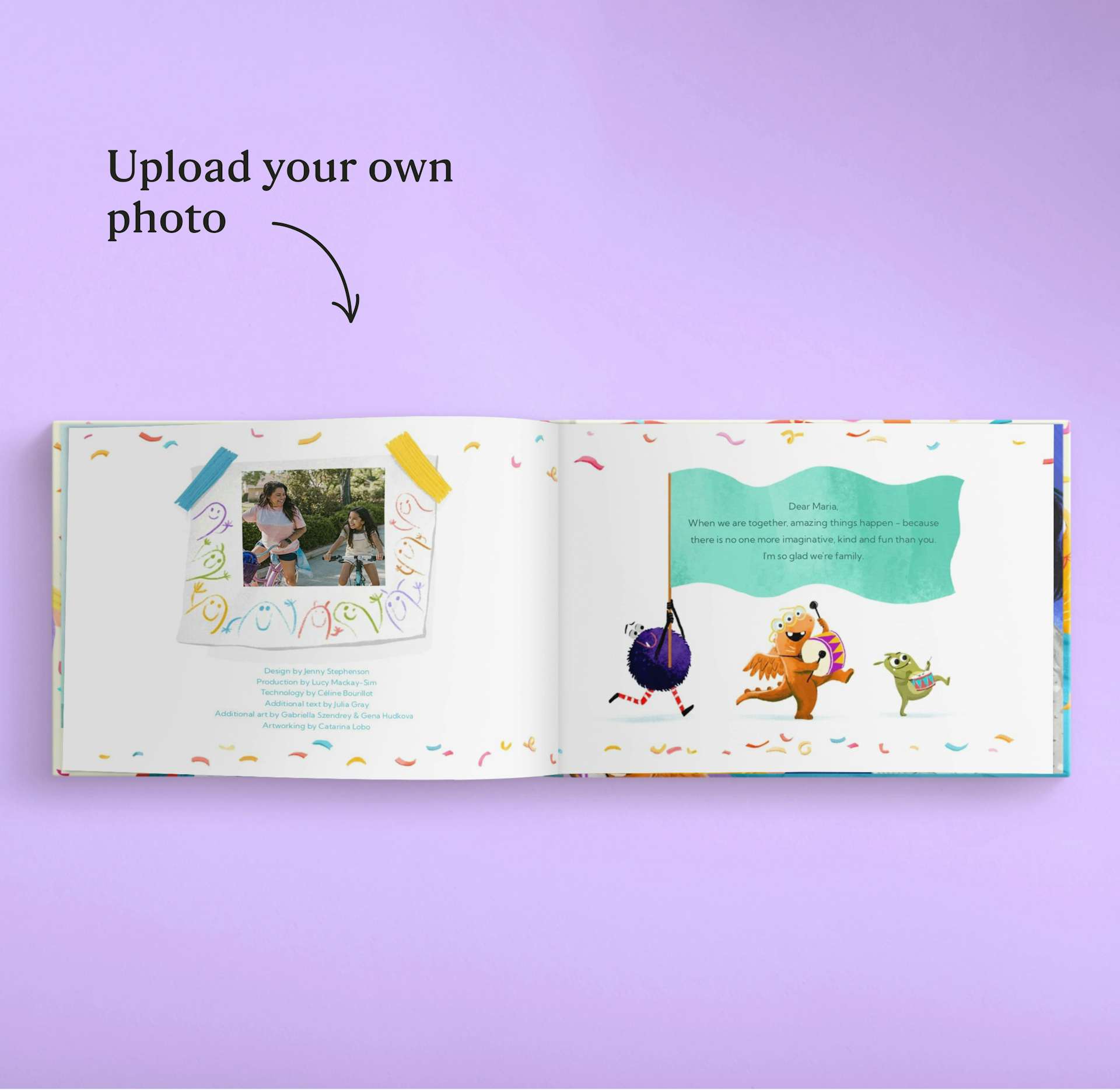A two page spread with a photo upload inside the personalised book