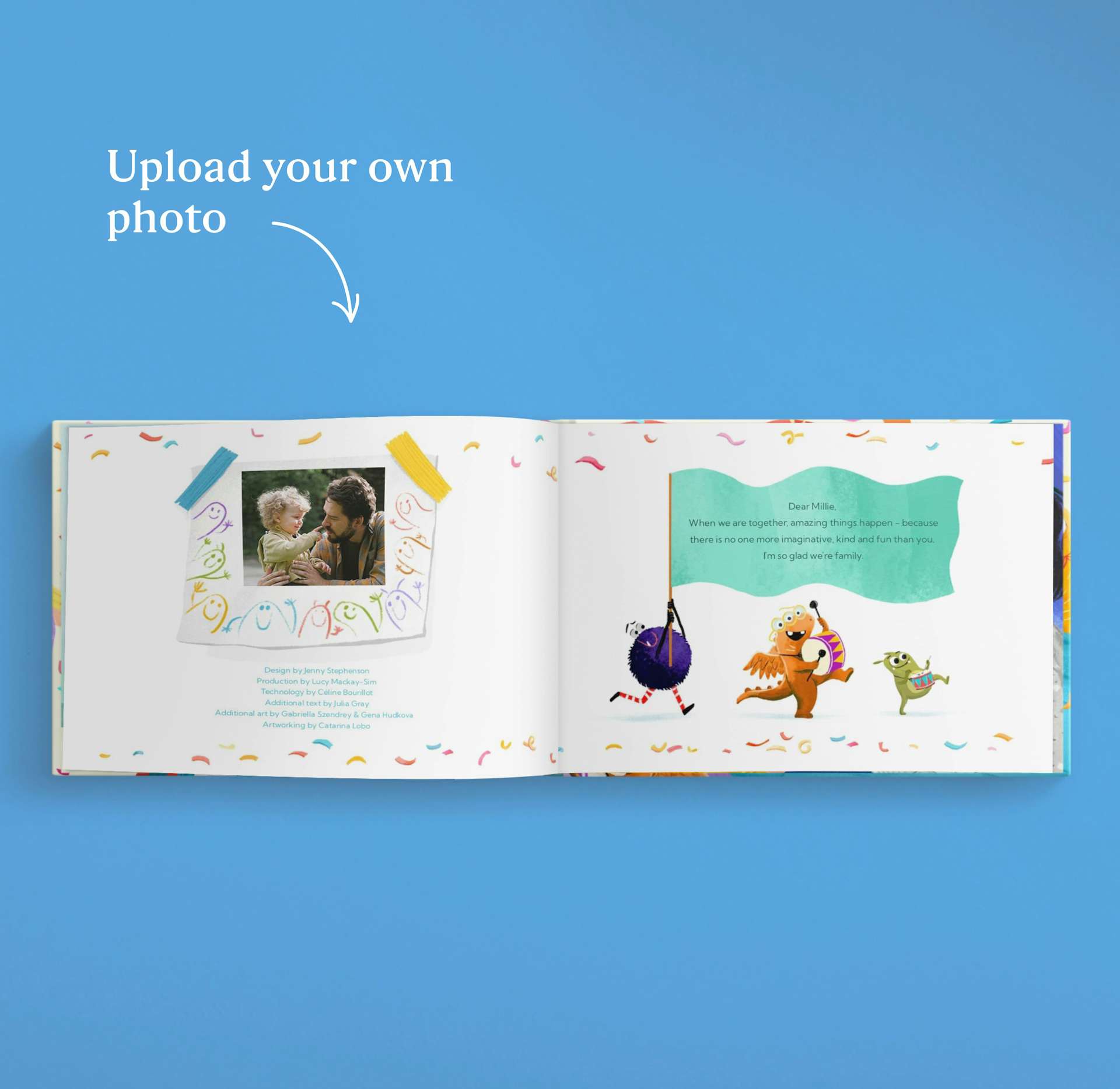 A two page spread with a photo upload inside the personalised book