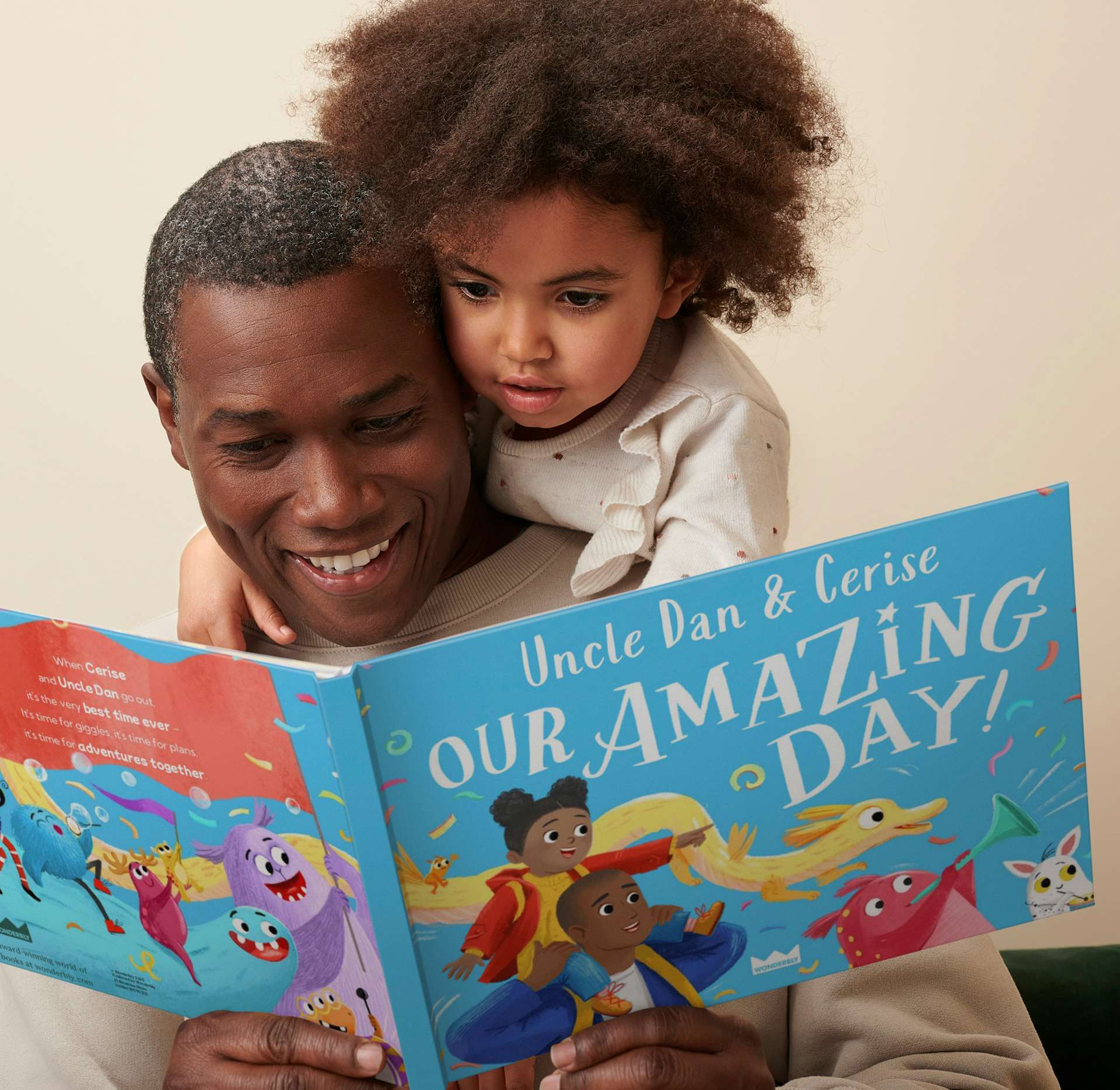 A child and uncle reading the personalised book