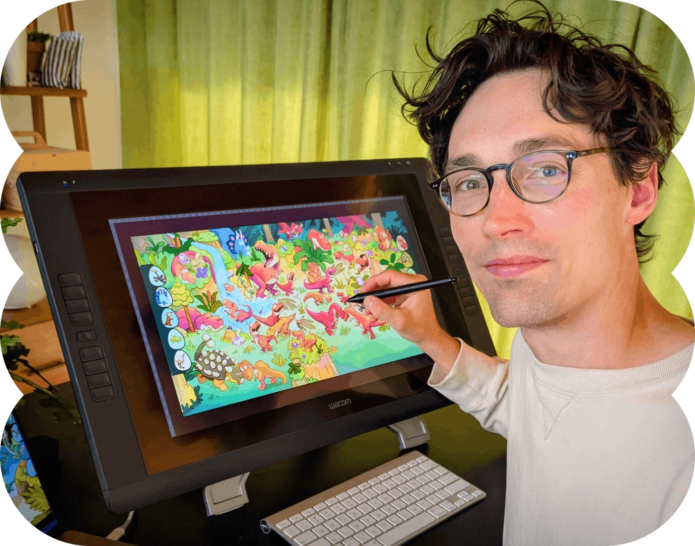 Illustrator using large tablet to showcase a search and find spread