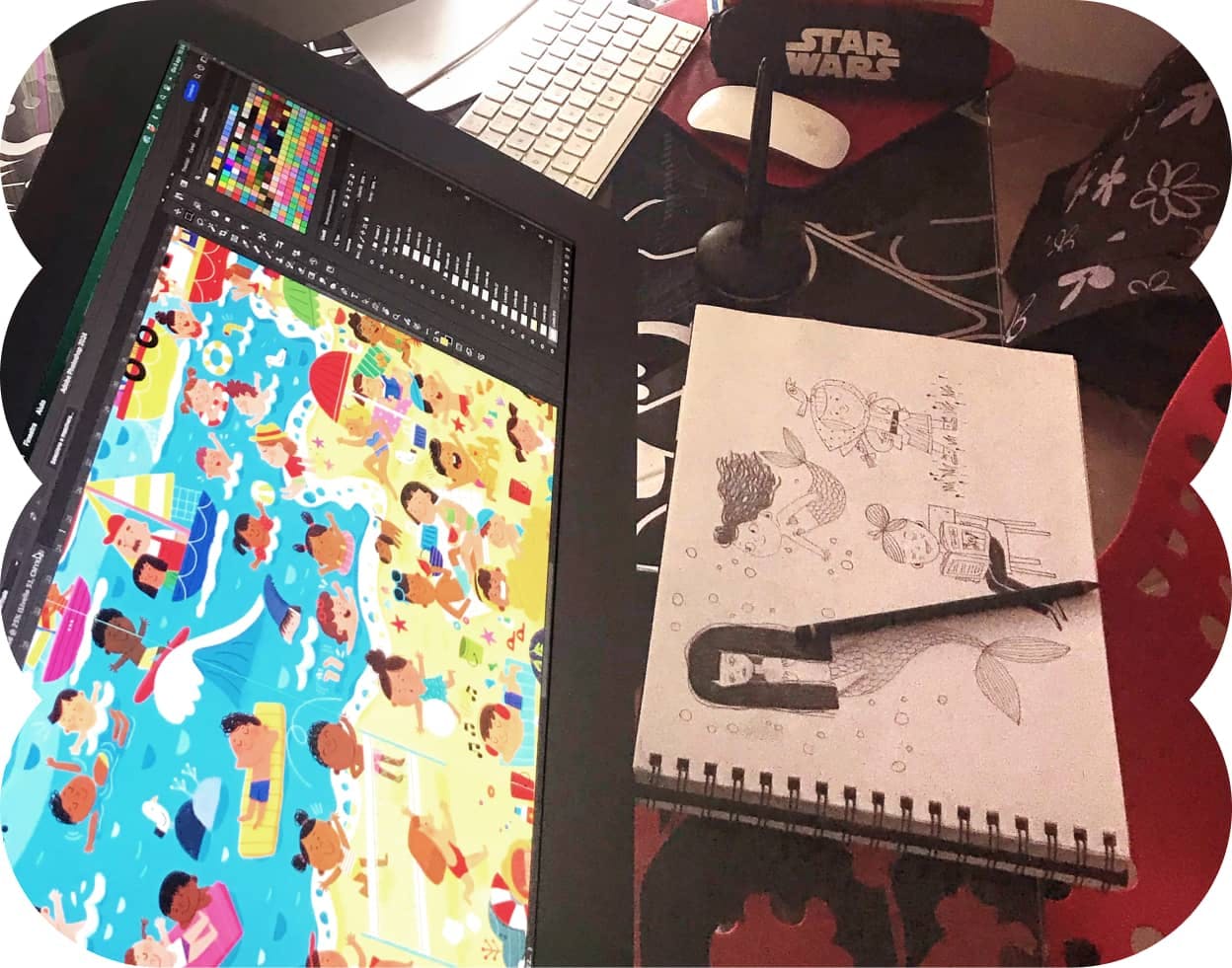 Illustrator's work in progress of the interior spread designs