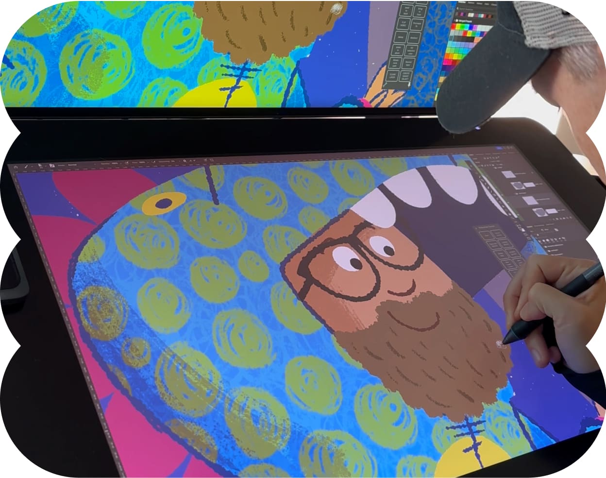 Artist designing inside spread of book