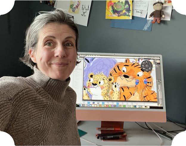 illustrator and desktop screen showing interior spread artwork