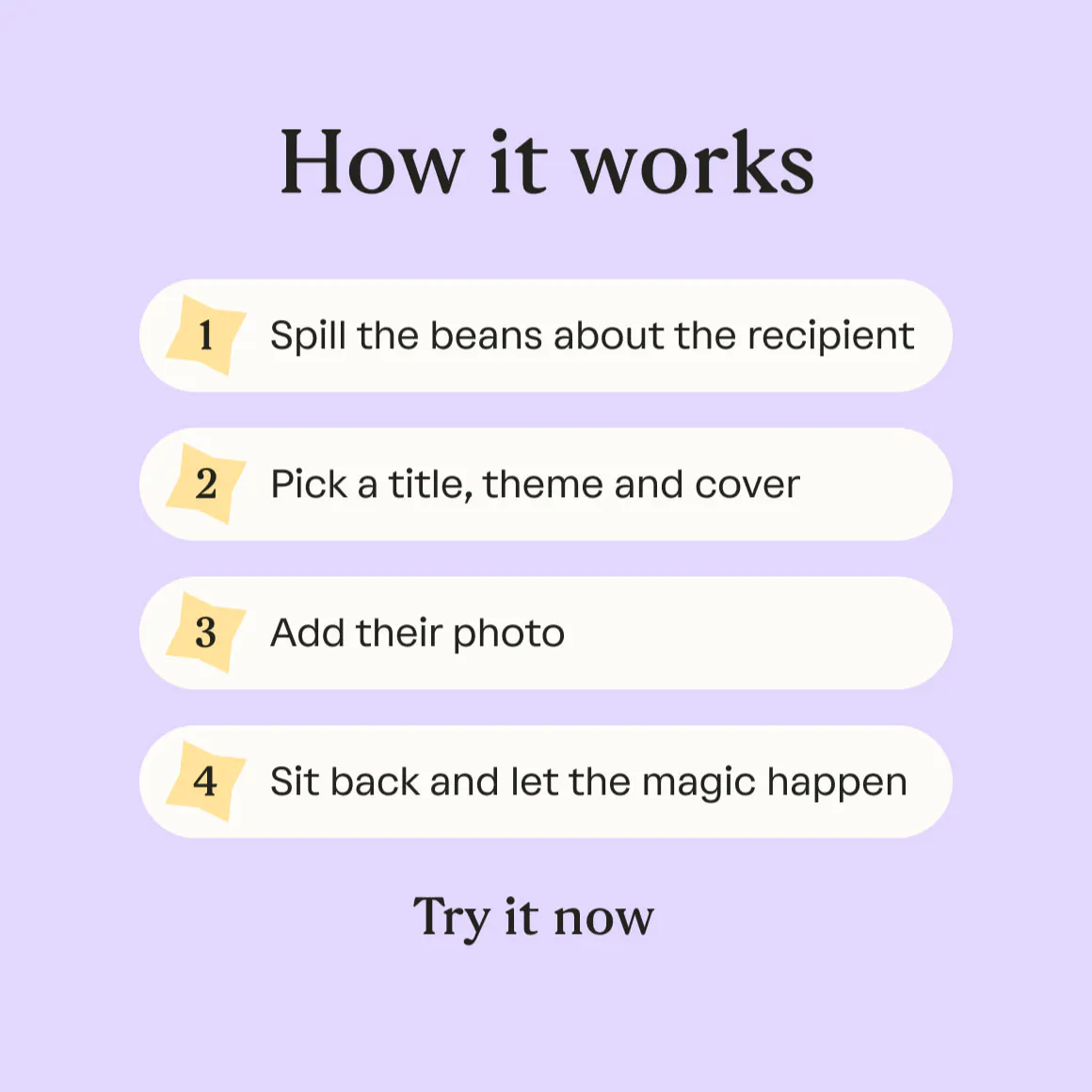 How it works: spill the beans about the recipient, pick a title, theme and cover, add their photo, sit back and let the magic happen