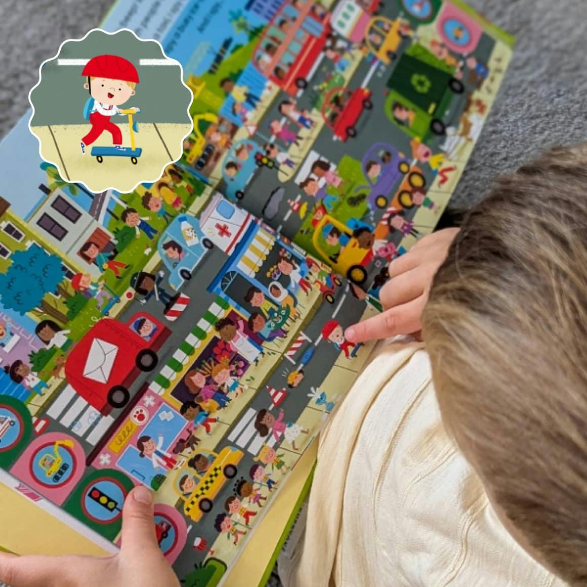 kid reading with a roundel of his character look-a-like