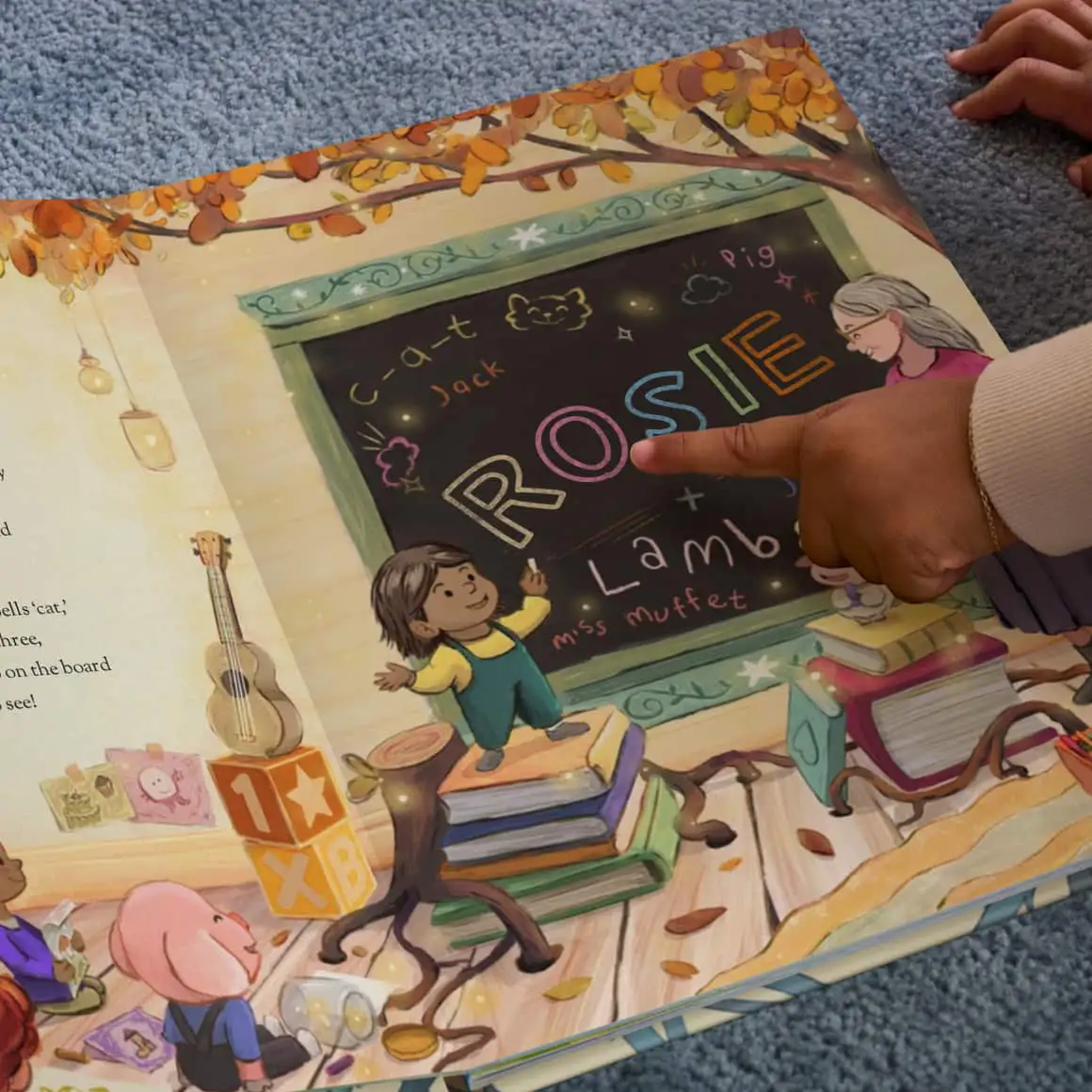 kid pointing at page in book