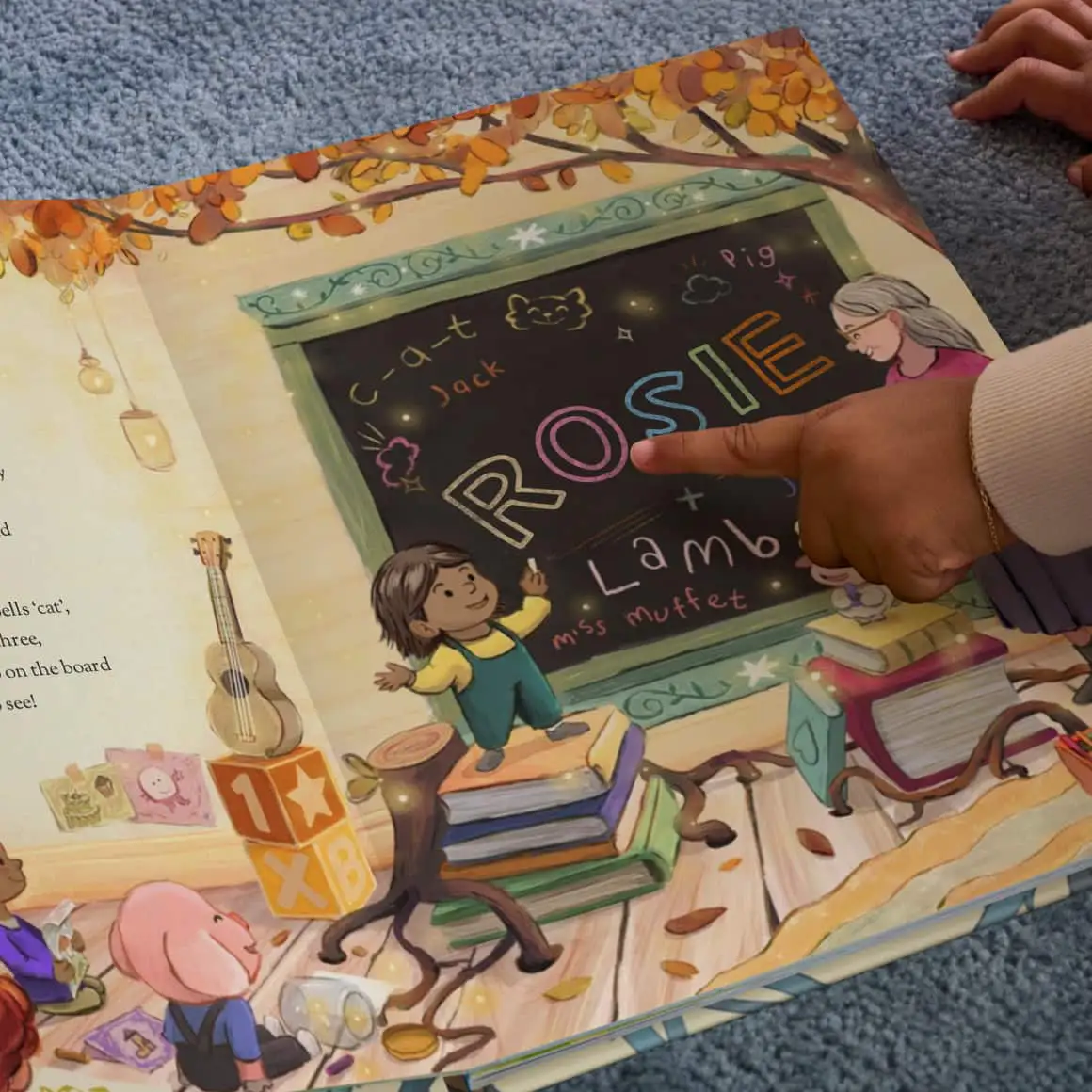 kid pointing at page in book