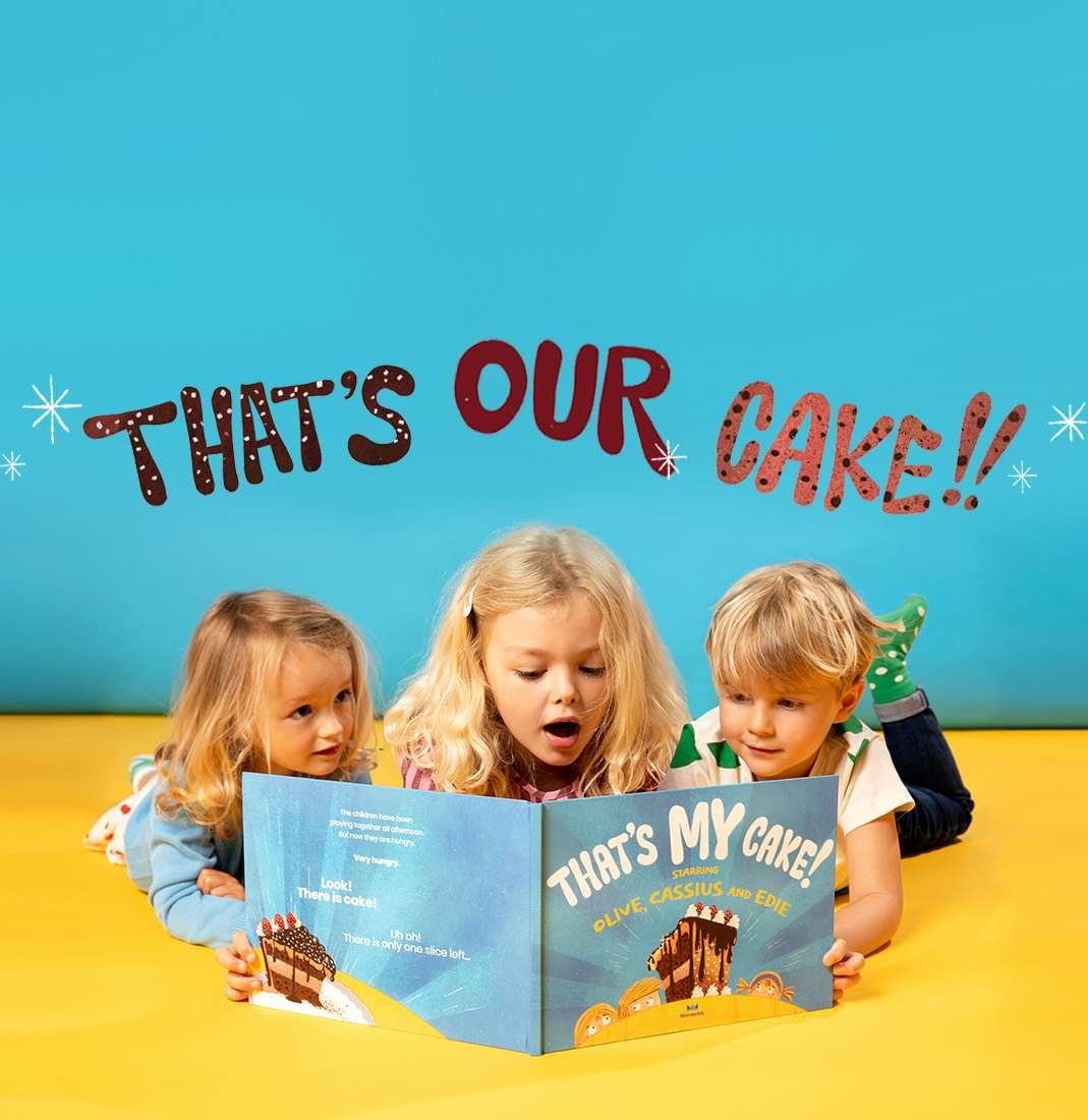 Three siblings reading That's MY Cake! together