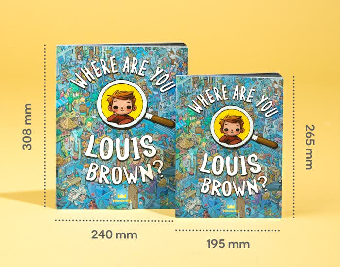 An image of two books. The first is an extra large 'Jumbo' edition of Where are you? It measures 240mm x 308mm. The second is a regular sized book measuring 195mm x 265mm.