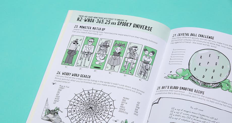 Spread of the book showing a selection of puzzles in the spooky universe.