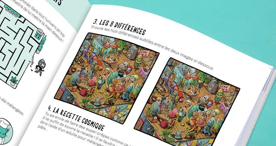 Pages du livre montrants plusieurs activités, dont le jeu des 8 différences