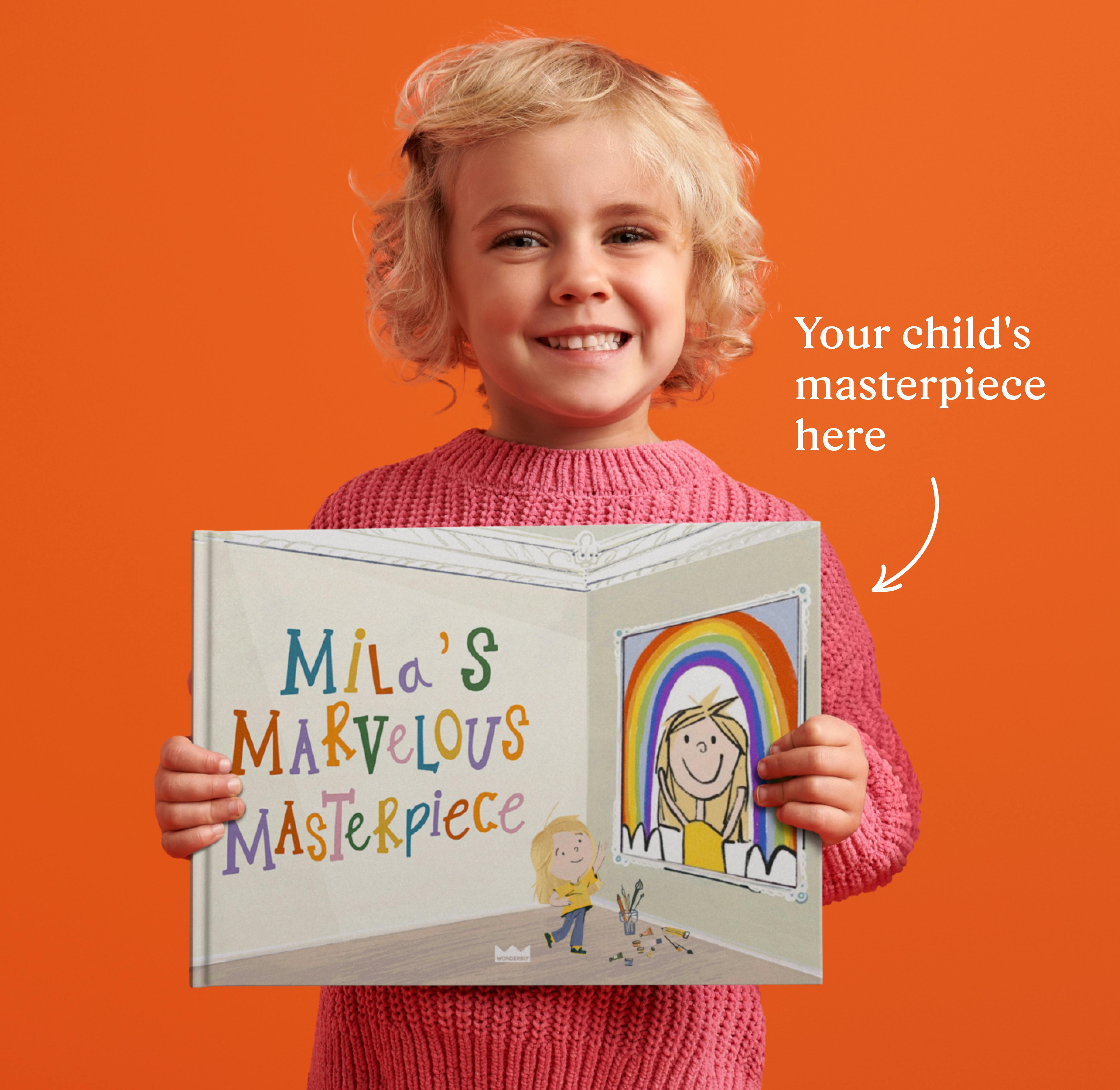 A smiling child holding their personalised book