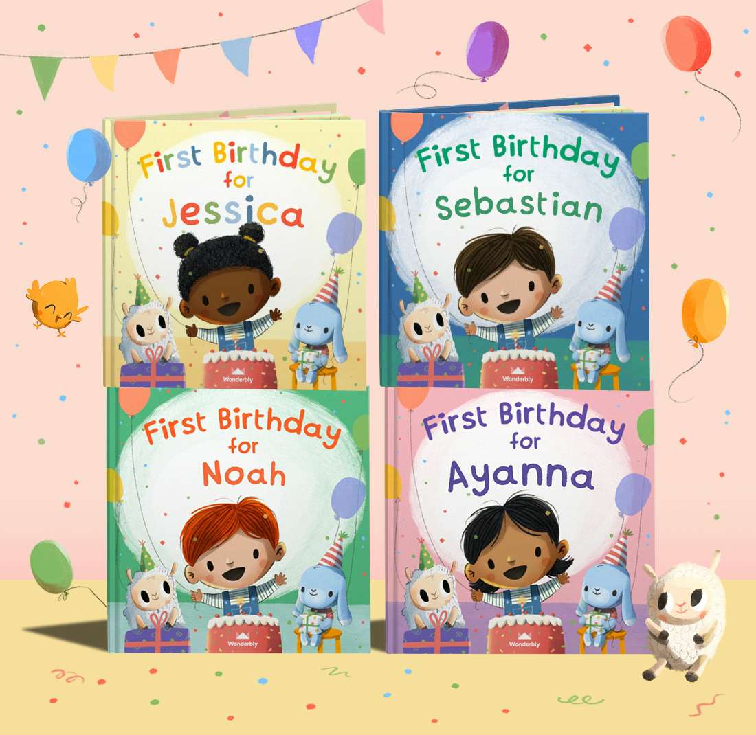 Four different covers for the book First Birthday for You