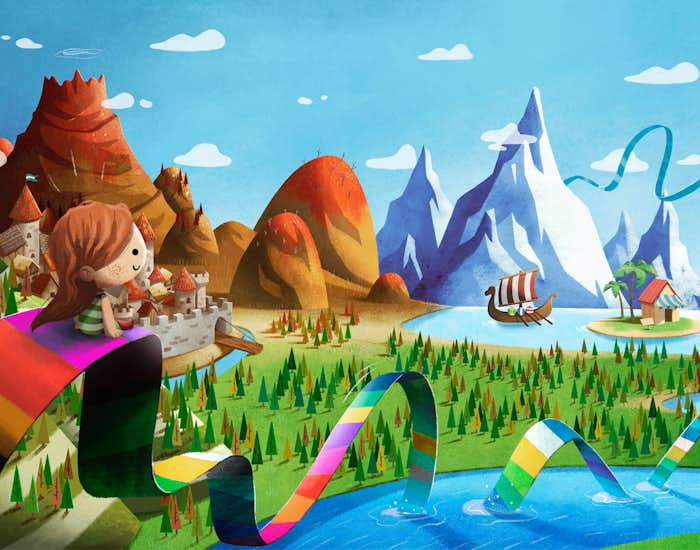 Book spread from Dared to Dream featuring girl looking over Beyonderland, the world of Lost My Name