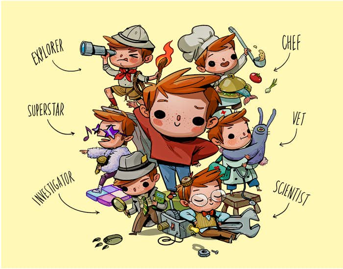 Illustrations of the different universes and professions in Where Are You...?
