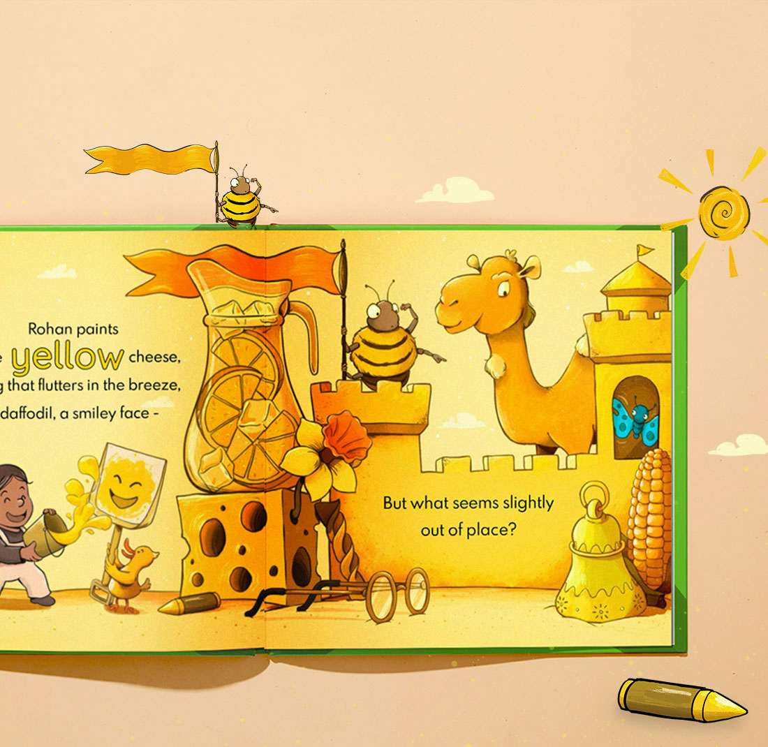 Open book showing page about yellow