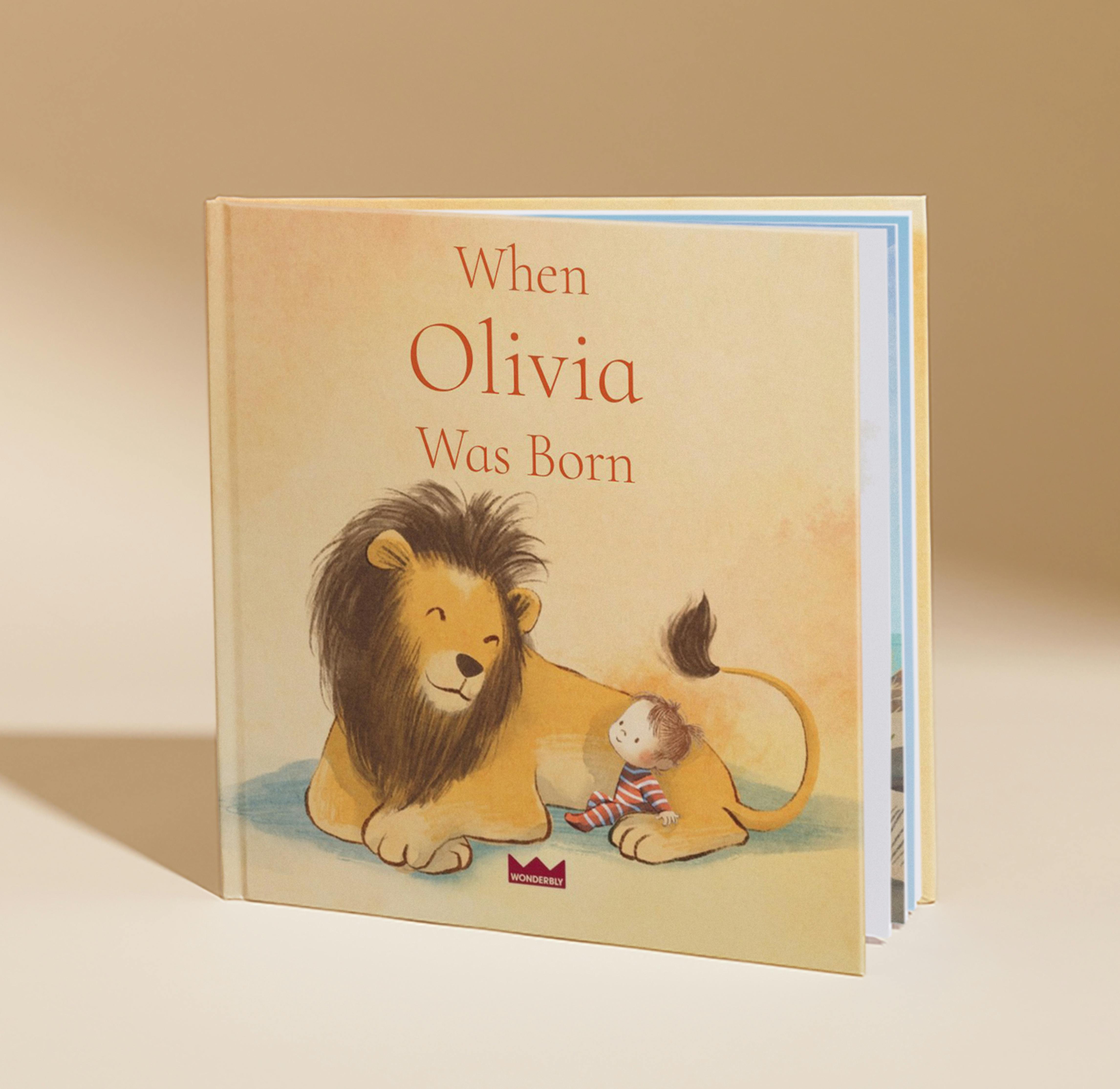 Personalised book cover showing a lion and a child