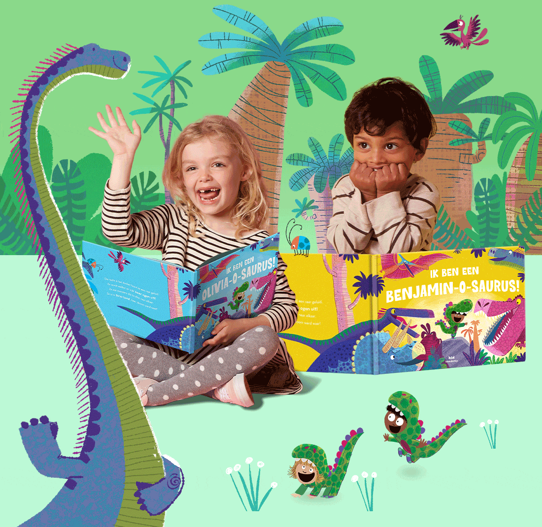 Kinder mit Büchern inmitten von Dinosaurier-Illustrationen