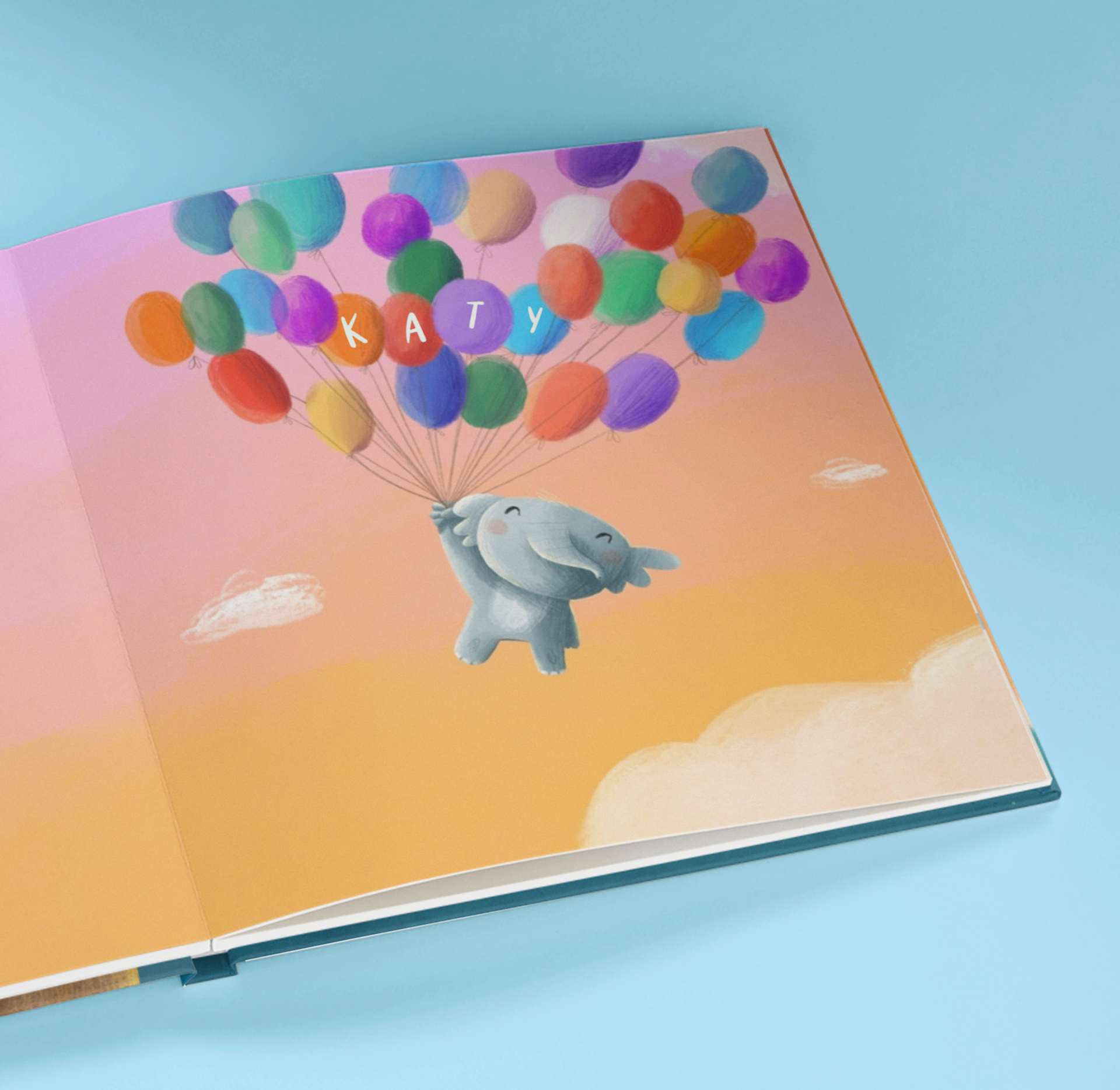 Page with elephant holding balloons