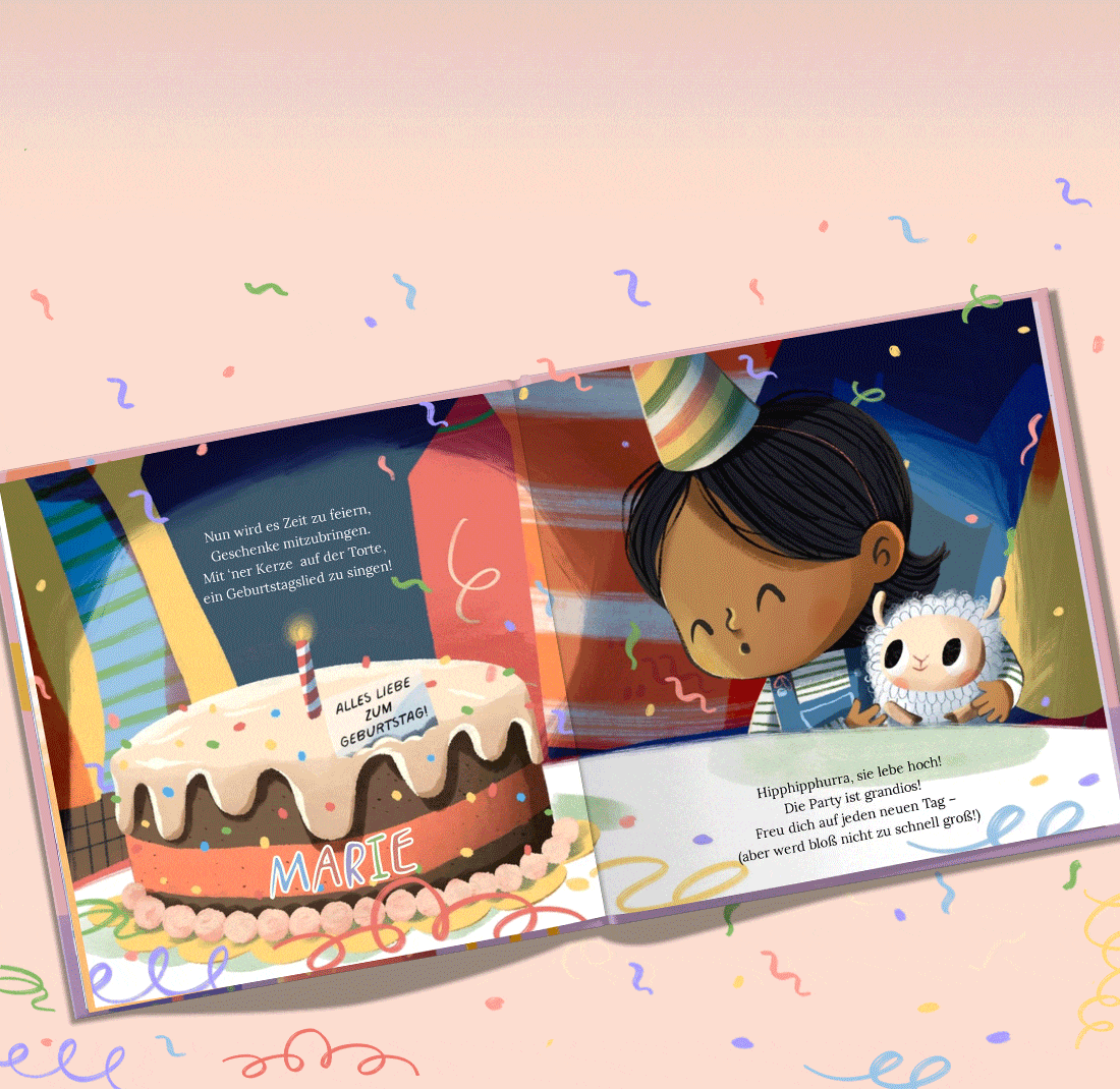 GIF des aufgeschlagenen Buches, das verschiedene Kinder zeigt, die ihre erste Geburtstagskerze auspusten