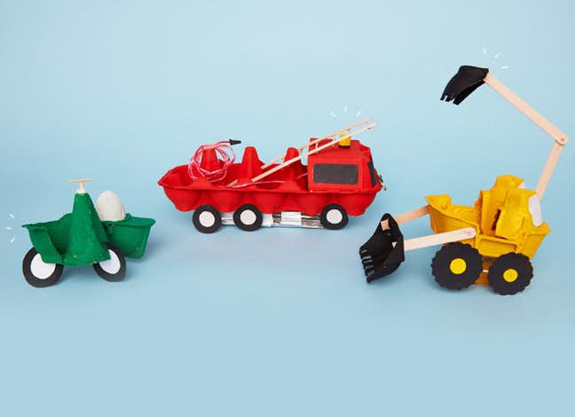 eggboxes turned into a digger, a lorry and a motorbike