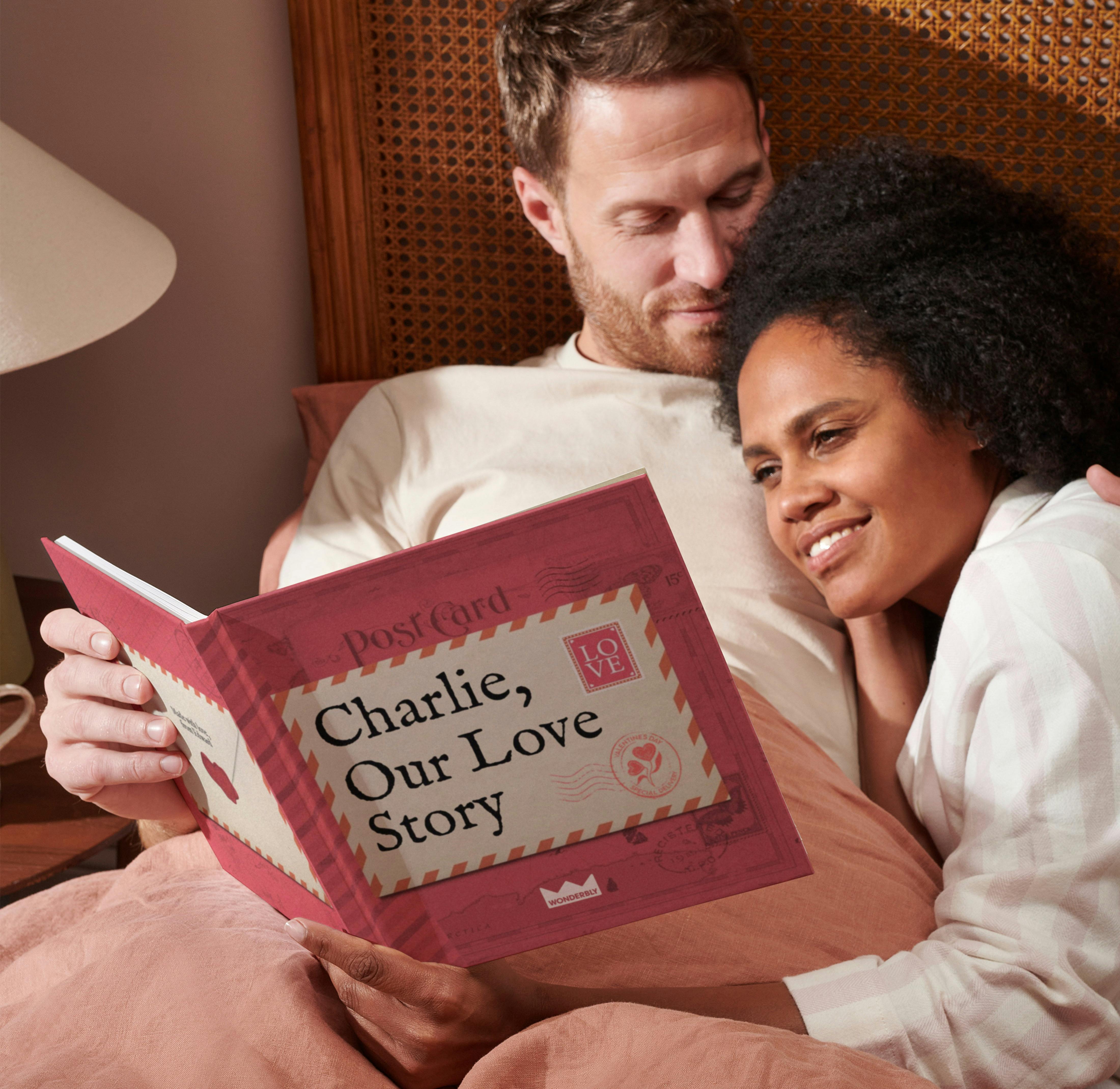 Couple reading personalised book together