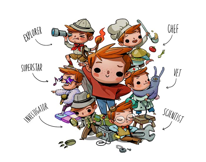 An image of a child as an explorer, chef, superstar, vet, investigator and a scientist
