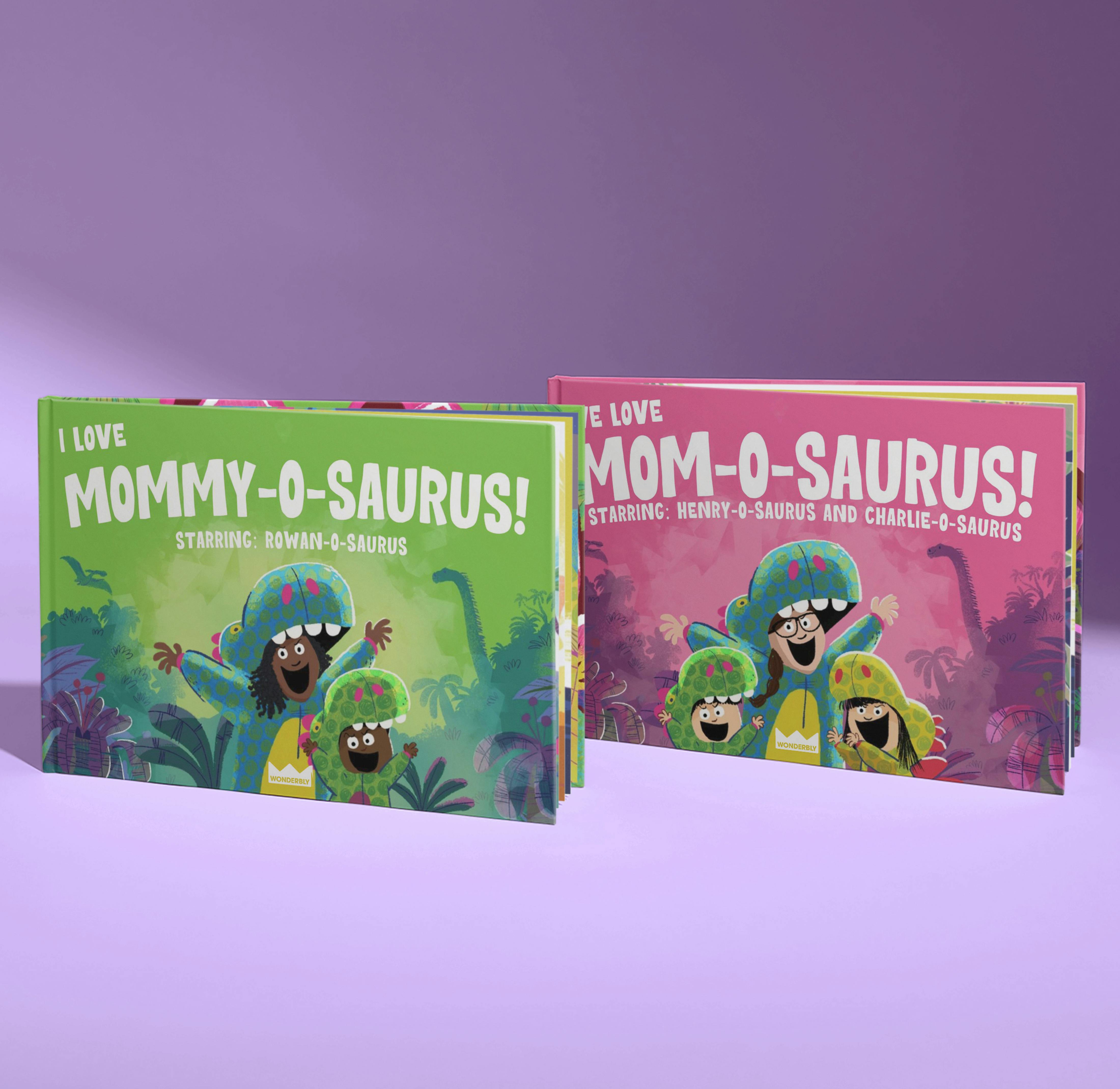 two front covers of personalised mommy dinosaur book