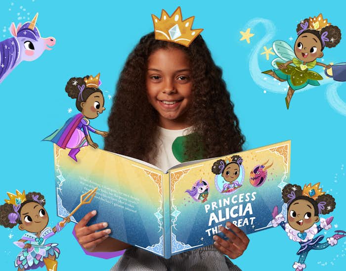 girl reading book with her personalised avatar as different book characters