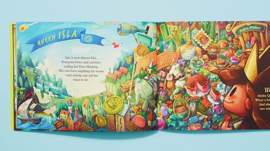 A double spread book of her kingdom as she has a banner with her name printed ontop