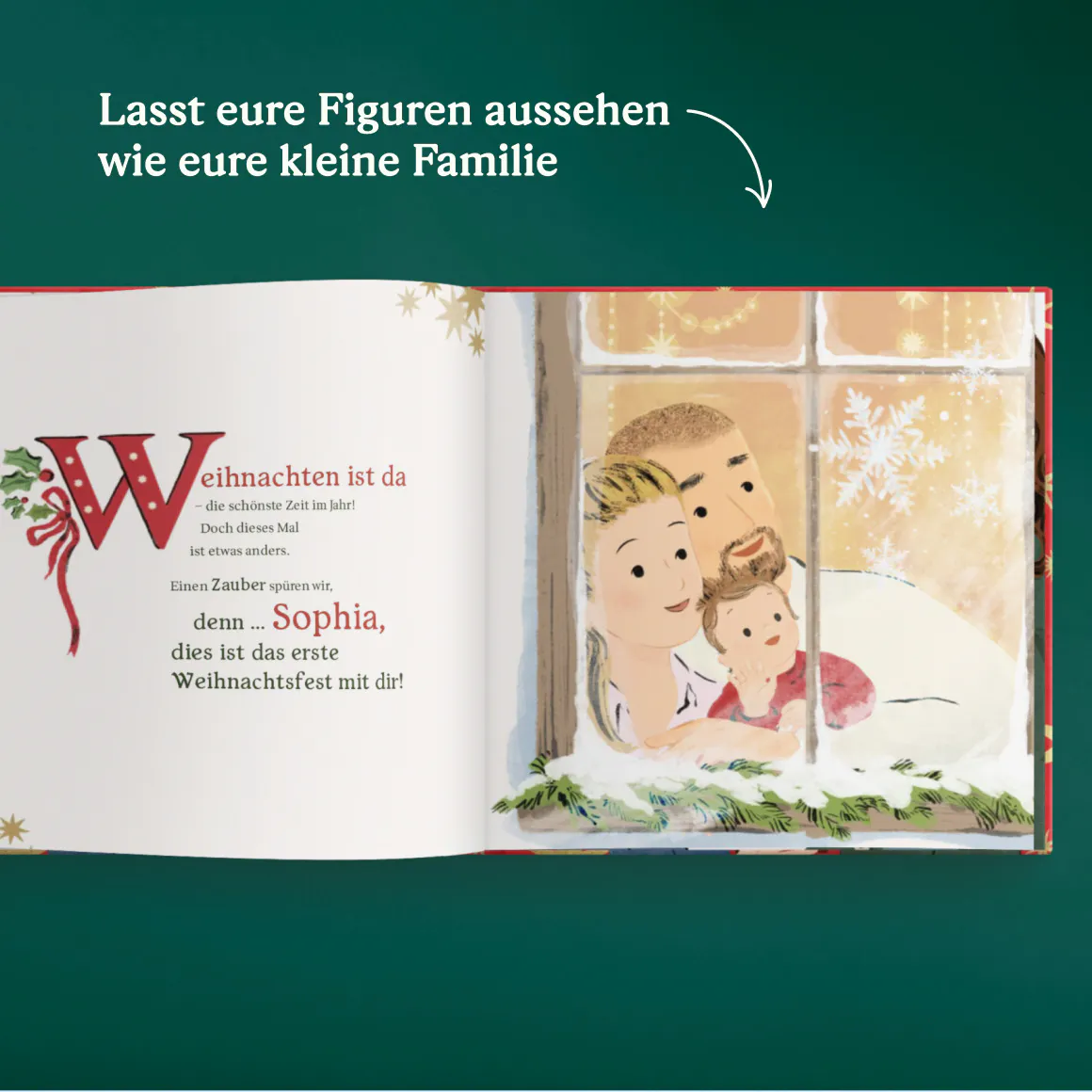 Eine aufgeschlagene Seite des personalisierten Buches - Das erste Weihnachtsfest zu dritt