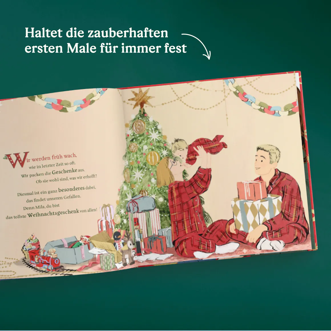 Eine aufgeschlagene Seite des personalisierten Buches - Das erste Weihnachtsfest zu dritt