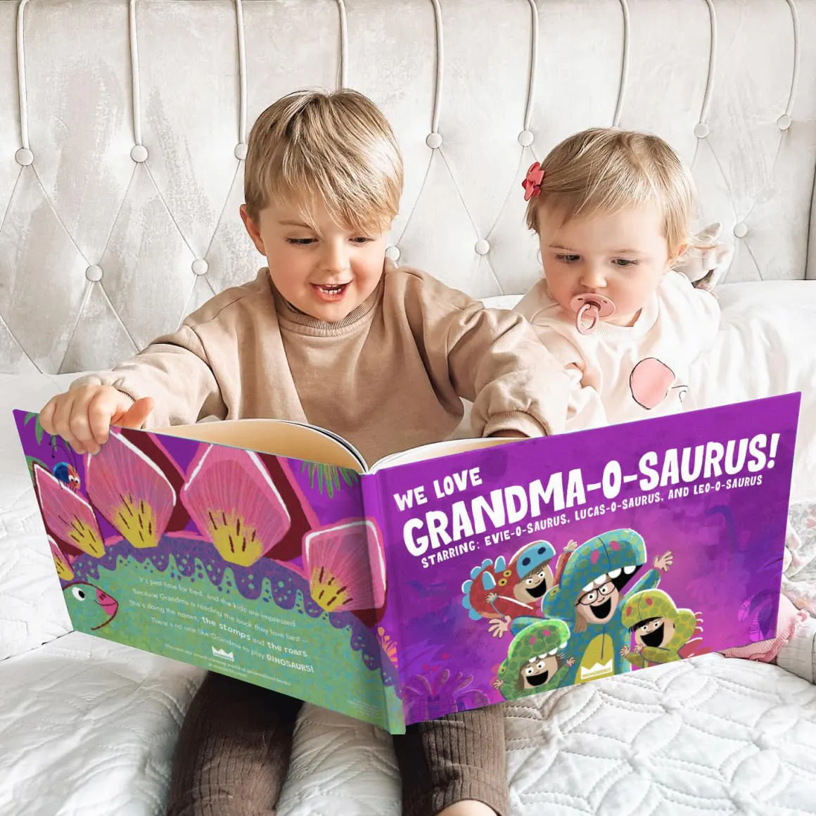 Two children reading the personalised book
