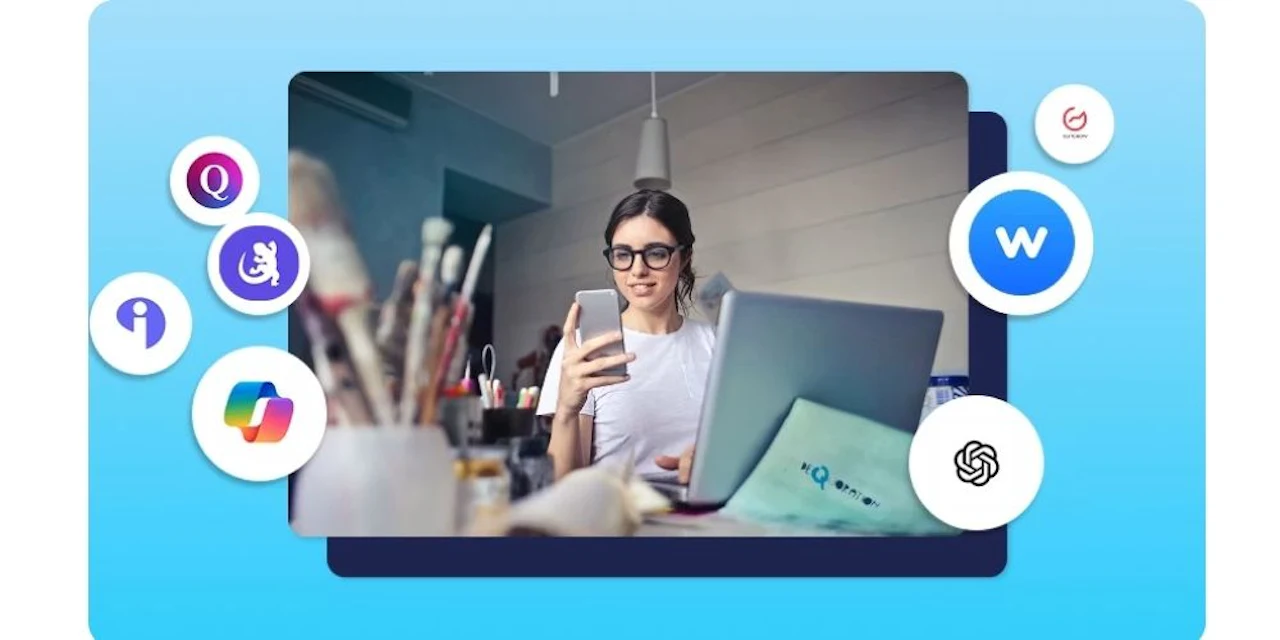 Logotipos de varias herramientas de quiz alrededor de una mujer mirando su móvil