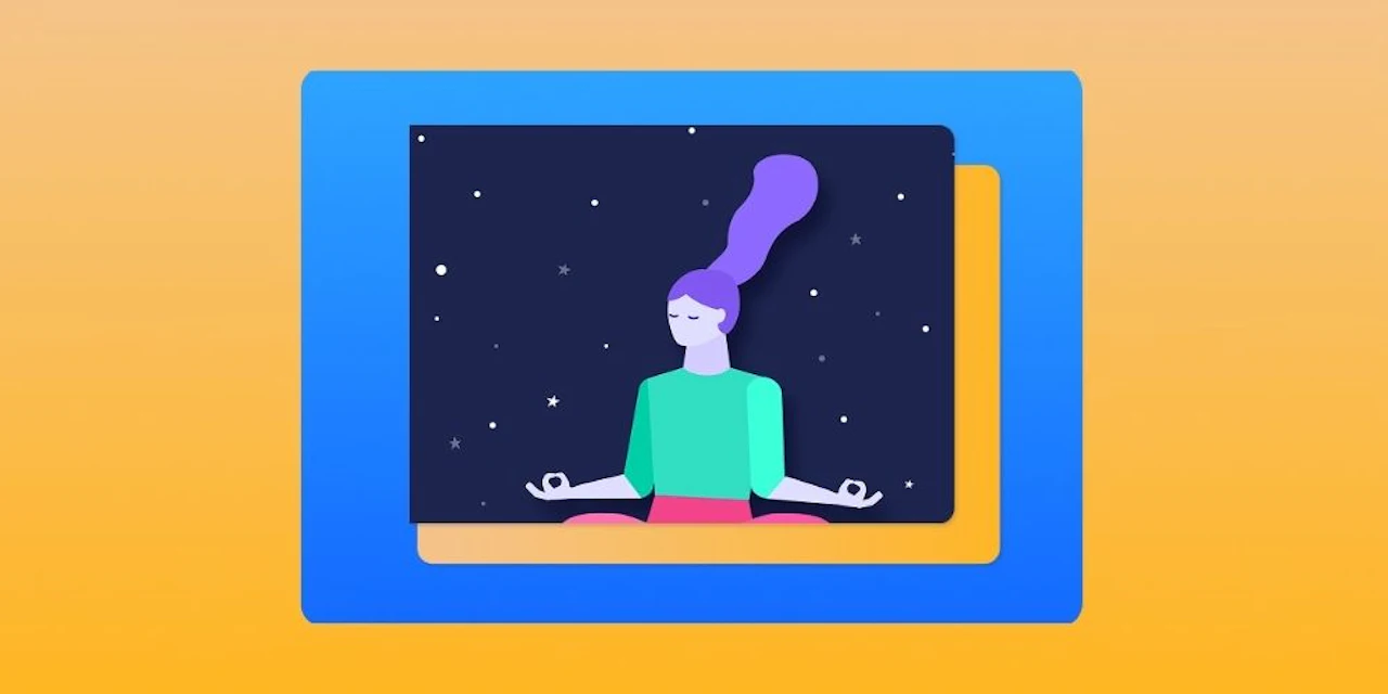 Illustration of a person meditating, representing focused and calm learning under a starry night sky, framed in overlapping blue and yellow cards on an orange background.
