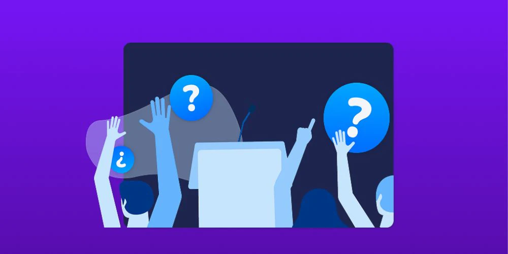 Illustration of trainees raising their hands with question marks around a speaker's podium, showing engagement and interaction during a training session.