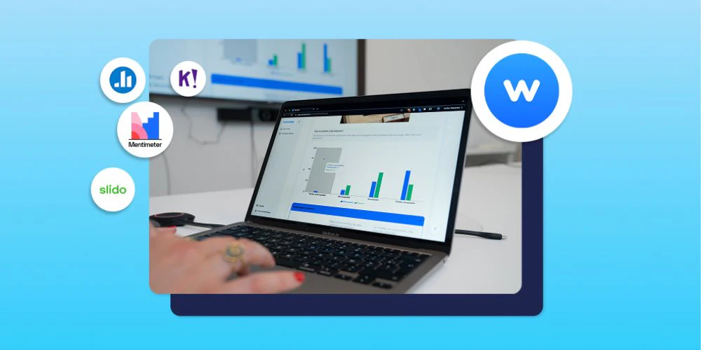 A person using a laptop displaying a Wooclap bar chart, surrounded by the logos of Mentimeter, Kahoot, Slido, and Poll Everywhere on a light blue background, with the Wooclap logo prominently featured on the right.