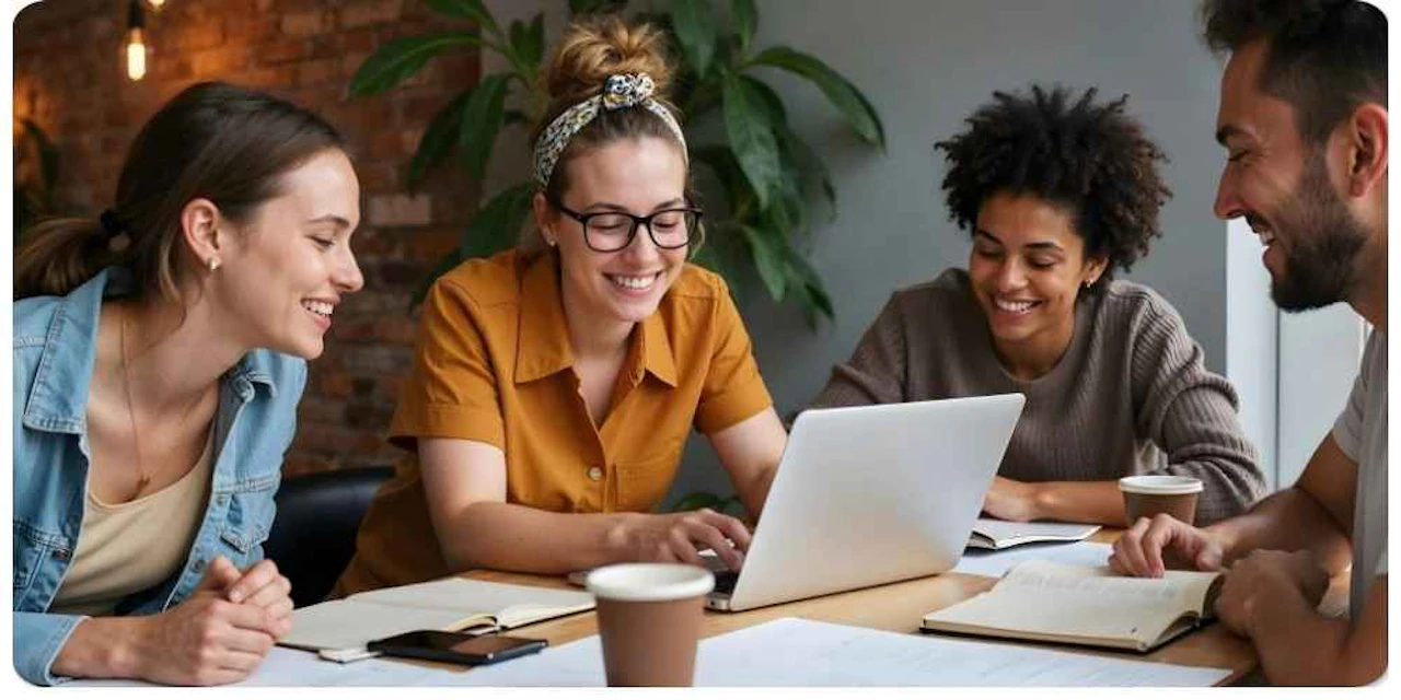 un groupe de personnes collaborant sur un travail, avec un ordinateur portable devant elles