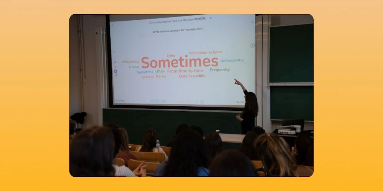 teaching pointing to the board with word cloud while lecturing