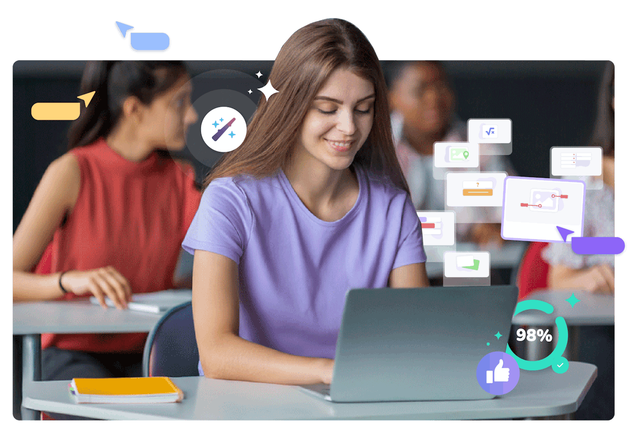 Student using a laptop in class with digital learning icons and progress indicators around her