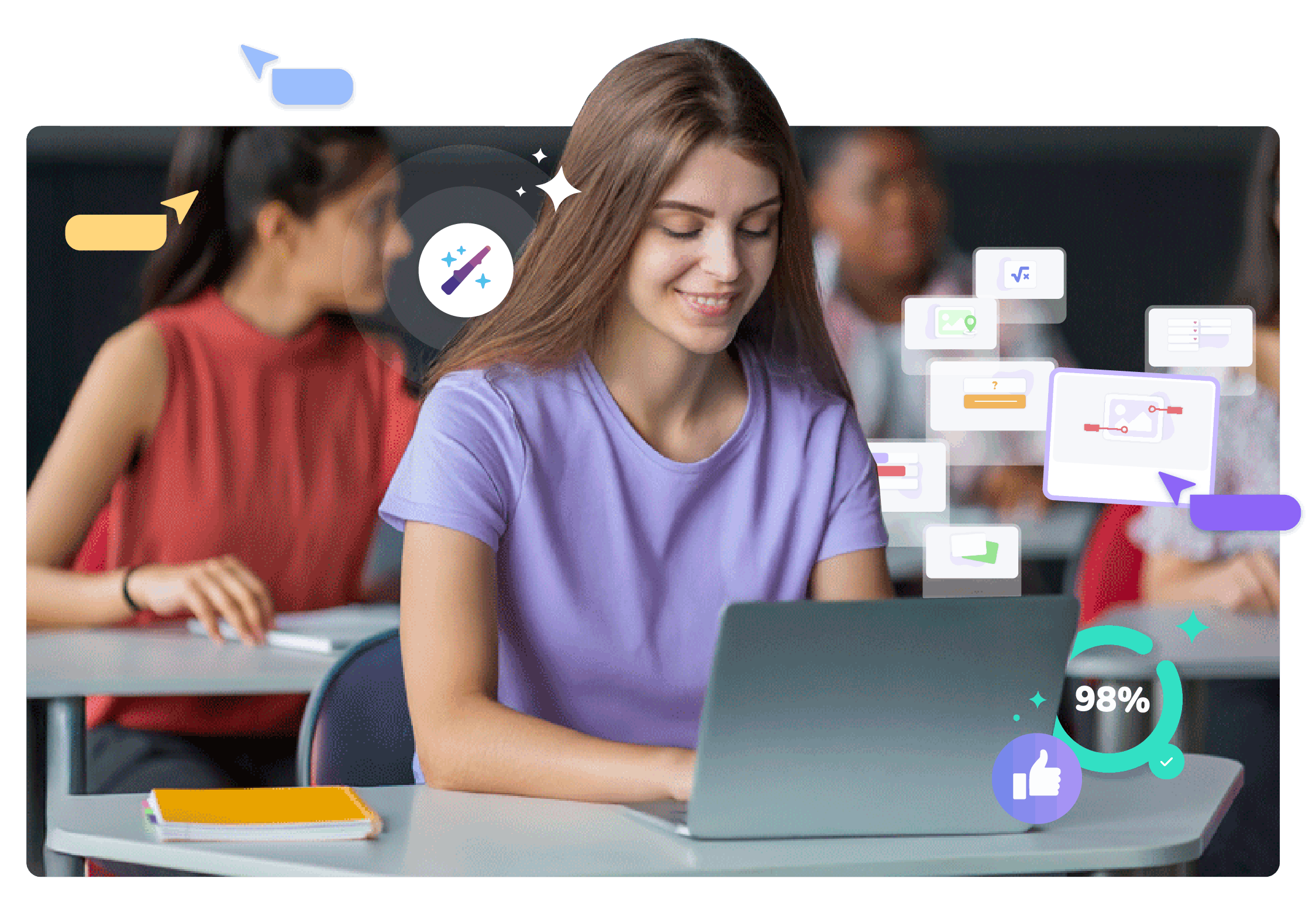 Student using a laptop in class with digital learning icons and progress indicators around her