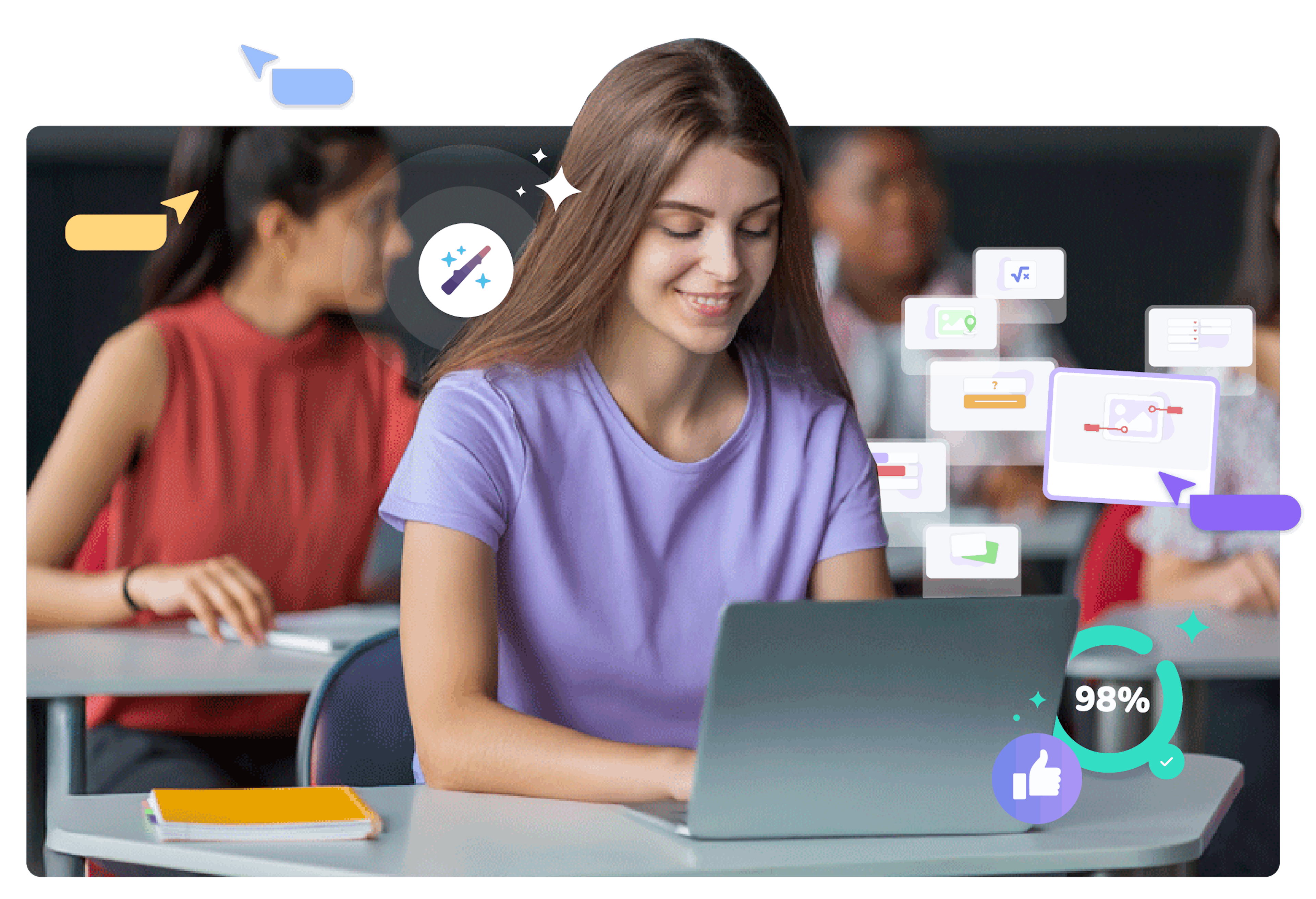 Student using a laptop in class with digital learning icons and progress indicators around her