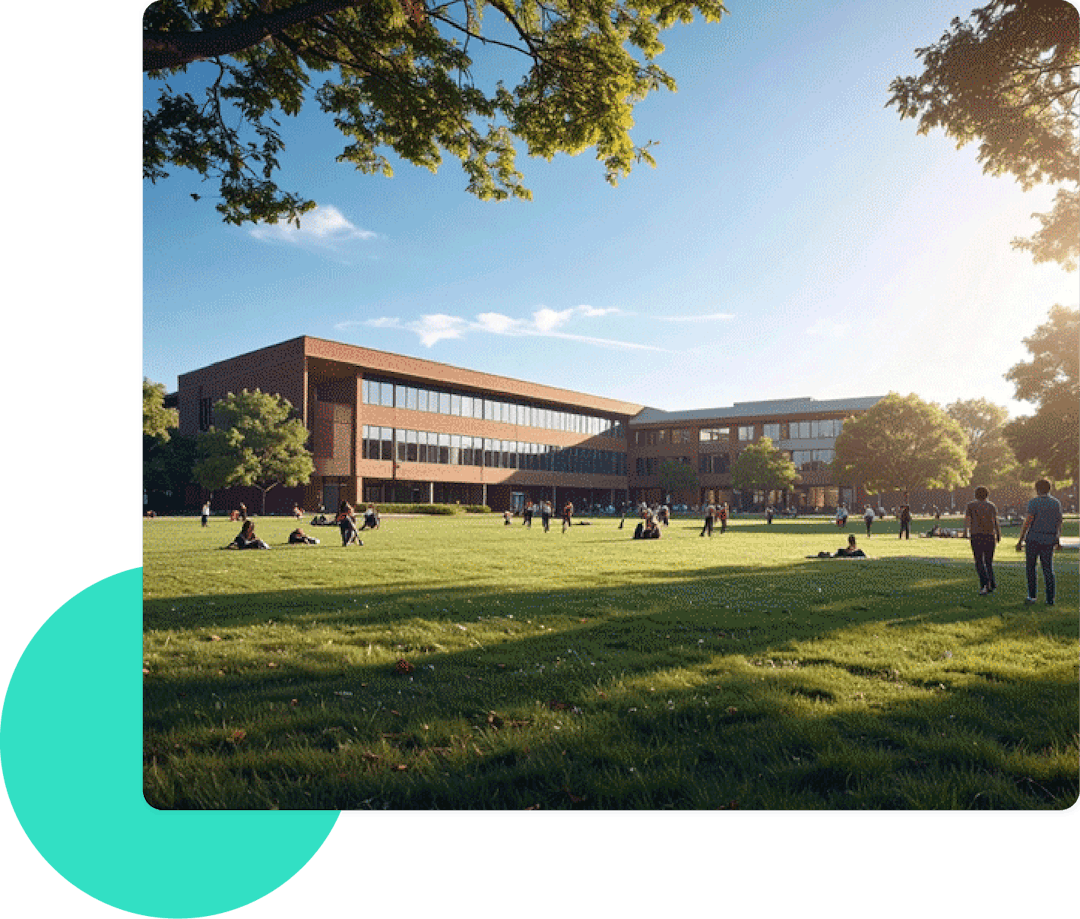 Modern university campus with students sitting and walking on a green lawn