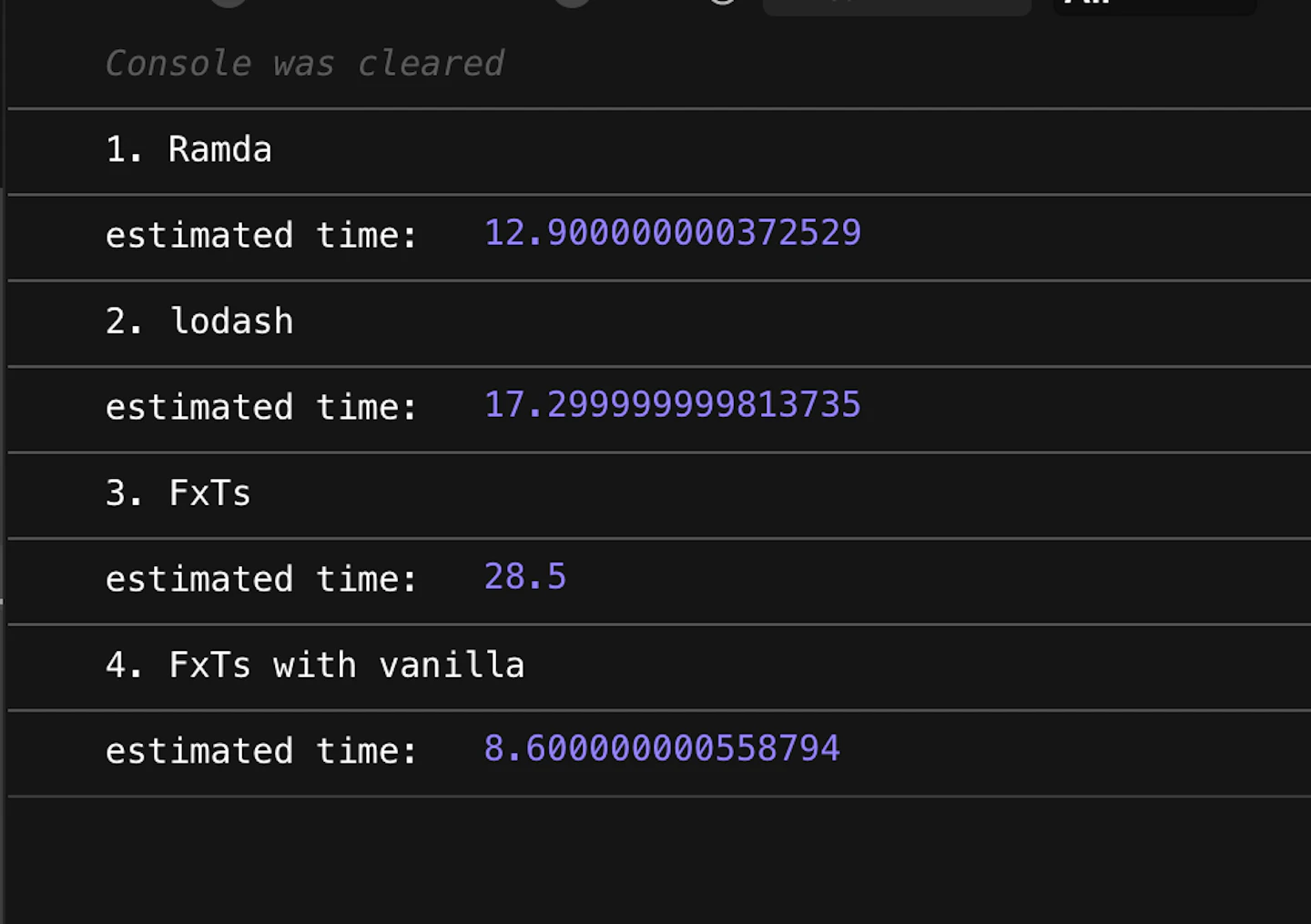 Performance test Ramda vs lodash vs FxTs vs FxTs with vanilla