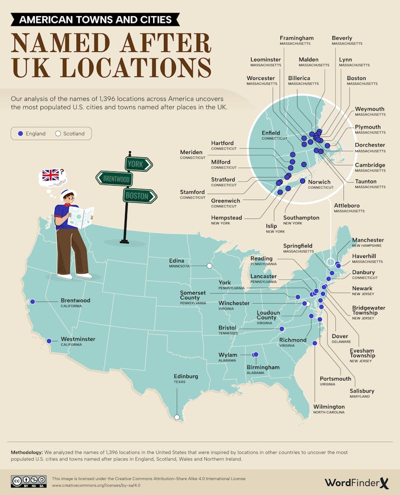 American Towns and Cities Named After UK Locations Map