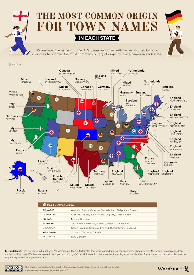 The Most Common Origin for Town Names in Each State Map