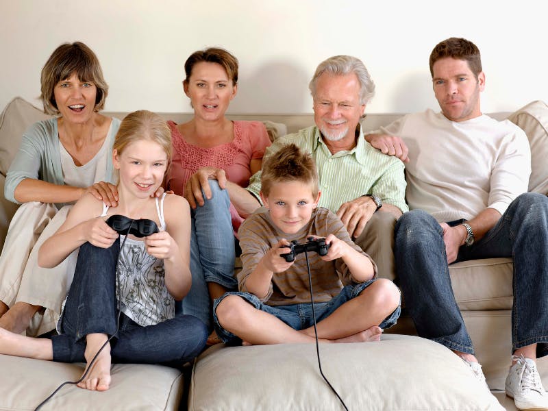 family playing video games